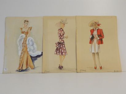 EVRARD M. "Modèles de mode", 1942-43, suite de trois esquisses au crayon sur papier...