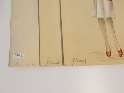 EVRARD M. "Modèles de mode", 1942-43, suite de trois esquisses au crayon sur papier...