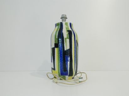 ITALIE Pied de lampe Vintage, années 1970, faïence à décor stylisé bleu, vert, noir...