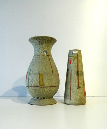 SCHEURICH Deux vases de formes balustre et tronconique aux décors géométriques polychromes...