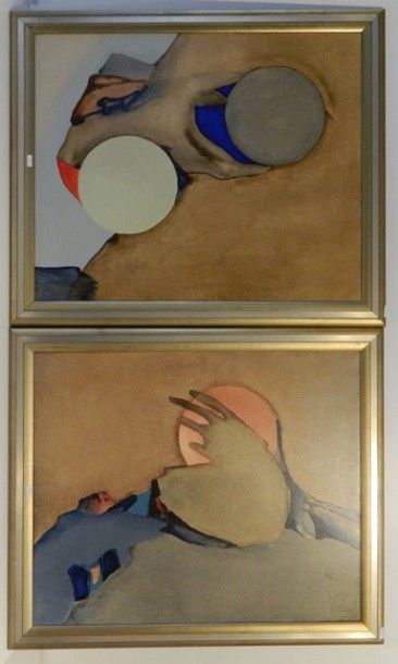École contemporaine "Compositions abstraites", [19]77, paire d'huiles sur toile,...