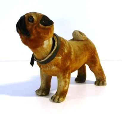 null Chien bouledogue en carton bouilli et tissu, tête basculante, fin XIXe, l. 20...