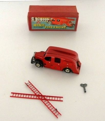 null MINIC, camion de pompiers en tôle rouge, mécanique, boîte d'origine [bel état,...