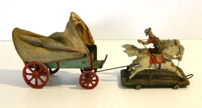 null Fabrication allemande, chariot bâché avec deux chevaux et un cow-boy, bois et...