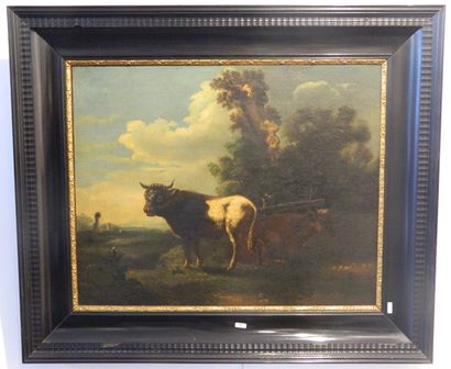null ANONYME, "Couple de bovins dans un pré", XIXe, huile sur toile, 57x71 cm [petites...