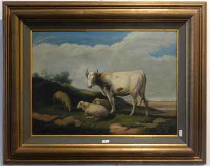 Ecole Belge "Vache et moutons", fin XIXe, huile sur toile, signée en bas à droite,...