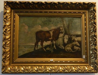 Ecole Belge "Bovins et ovins sous un arbre", fin XIXe, huile sur toile, signée [Migeon...