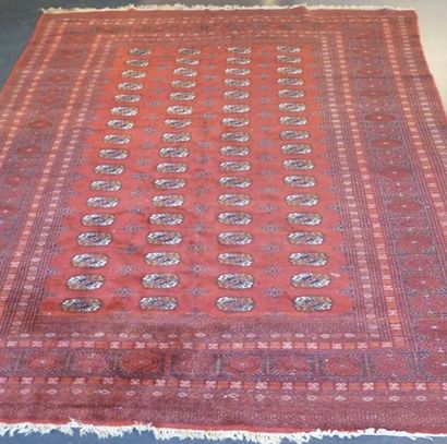 null Grand tapis de style turkmène à motifs de göls sur champ brique, 290x220 cm...