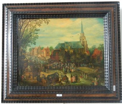 null ANONYME, "Fête villageoise dans le goût de Brueghel", XXe, huile sur panneau,...