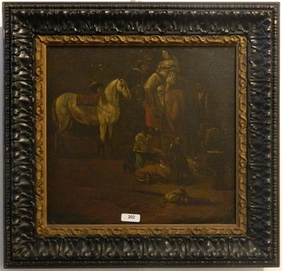 null ANONYME, "Scène avec cavaliers", XVIIIe, huile sur panneau, 25x26 cm.