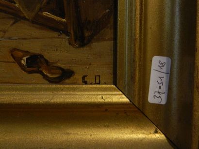 DIERKENS G. "La Première pipe d'après Jan Steen", XXe, huile sur panneau, monogrammée...