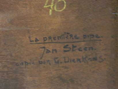 DIERKENS G. "La Première pipe d'après Jan Steen", XXe, huile sur panneau, monogrammée...
