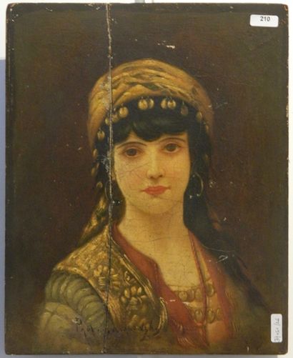 Ecole Orientaliste "Portrait de jeune femme", XIXe, huile sur panneau, signée en...