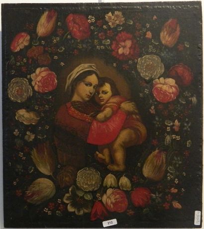 null ANONYME, "Vierge à l'Enfant dans un médaillon floral", XIXe, huile sur panneau,...