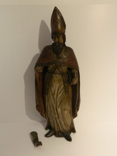 null Saint mitré debout, XIXe, sujet en bois sculpté et polychromé avec niche-reliquaire...