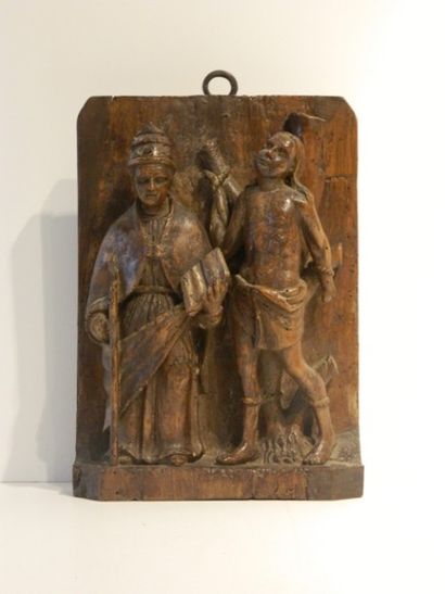 null "Grégoire le Grand et saint Sébastien", XVIIIe, haut-relief en bois fruitier...
