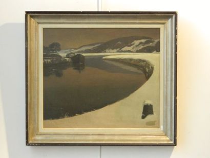 null ÉCOLE BELGE, "Bord de rivière", XXe, huile sur toile, signée en bas à droite,...