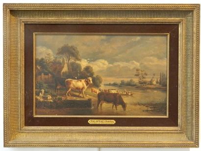 MALAPEAU Charles Louis (1795-1878) "Bovins au bord d'une rivière", XIXe, huile sur...