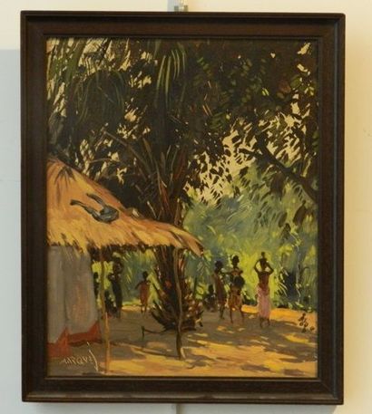 MARQUES Guilherme (1887-1960) "Village congolais", XXe, huile sur panneau, signée...