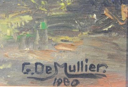 DE MULLIER G. "Cour de ferme", 1980, huile sur panneau, signée et datée en bas à...