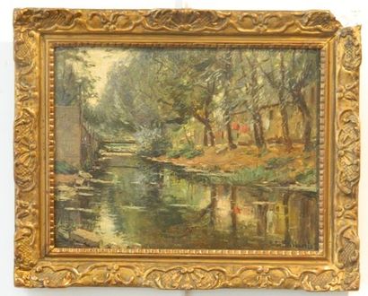 STOBBAERTS Pieter (1865-1948) "Bord de cours d'eau", début XXe, huile sur carton,...