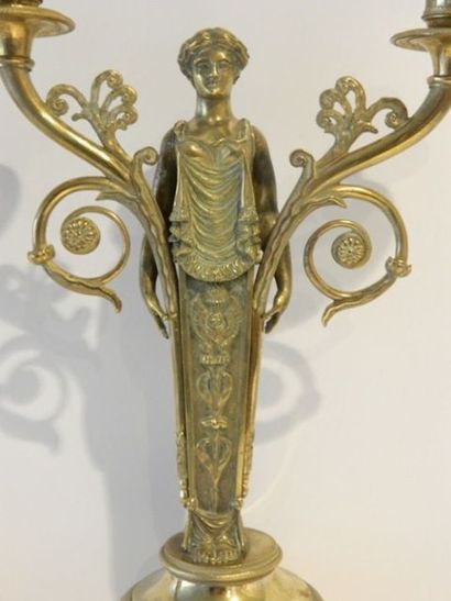 null Paire de candélabres de style Empire ornés d'Athéniennes en gaine, XXe, bronze...