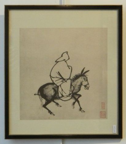 CHINE "Moine sur un âne", reproduction marouflée sur soie, sceaux en bas à droite,...