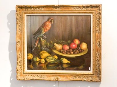 FLAMINE-MAYNÉ Berthe "Nature morte au perroquet", XXe, pastel sur papier, signé en...