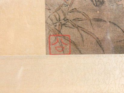 CHINE "Perdrix", reproduction sur soie, sceaux, 23x23 cm.