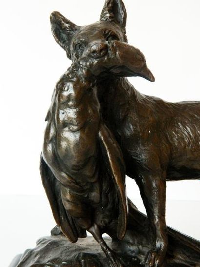 TRUFFOT Émile Louis (1843-1896) "Renard et faisan", XIXe, sujet en bronze patiné,...
