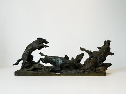 null ANONYME, "Chasse au sanglier", début XXe, groupe en bronze à patine vert antique,...