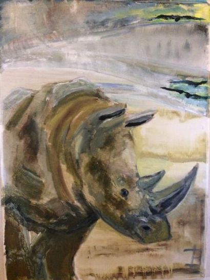 DE LAMINNE DE BEX Juan "Rhinocéros blanc", 2016, acrylique sur papier, monogrammée...
