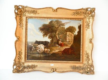 ECOLE FRANCAISE "Pastorale", fin XVIIIe - début XIXe, huile sur panneau, 34x44,5...