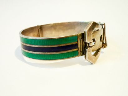 null Bracelet rigide en forme de ceinture en argent émaillé vert et noir, poinçonné,...