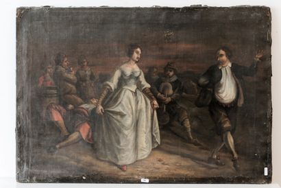 ECOLE FLAMANDE "Couple de danseurs", XVIIIe, huile sur toile rentoilée, 58x84 cm...