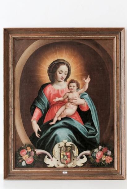 ECOLE FLAMANDE "Vierge à l'Enfant", huile sur toile avec armoiries d'évêque, signature...