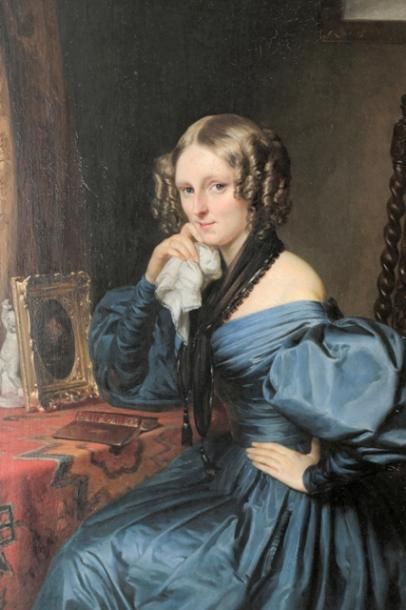 DE JONGHE Gustave Leonhard (1829-1893) [attribué à] "Élégante à la robe bleue", XIXe,...