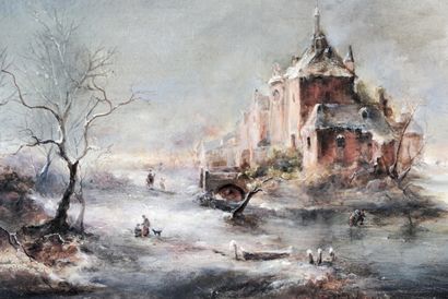 SCHELFHOUT ANDREAS (1787-1870) "Paysage hivernal animé", XIXe, huile sur toile, signée...