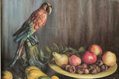 FLAMINE-MAYNÉ Berthe "Nature morte au perroquet", XXe, pastel sur papier, signé en...