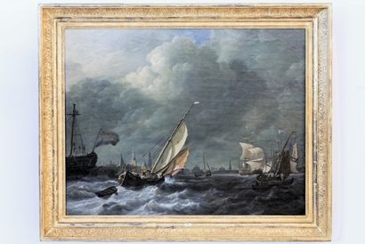 BAUER Nicolaas (1767-1820) [attribué à] "Port d'Amsterdam", début XIXe, huile sur...