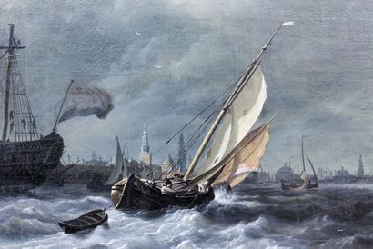 BAUER Nicolaas (1767-1820) [attribué à] "Port d'Amsterdam", début XIXe, huile sur...
