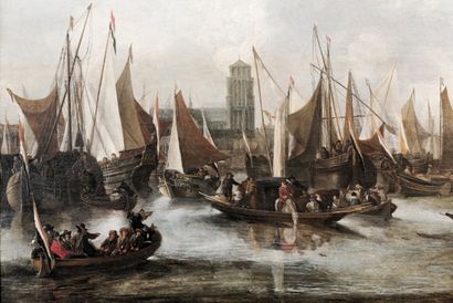 École hollandaise "Vue de port dans le goût du XVIIe", XXe, huile sur panneau parqueté,...