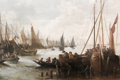 École hollandaise "Vue de port dans le goût du XVIIe", XXe, huile sur panneau parqueté,...