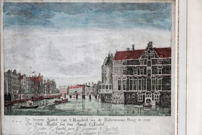 École hollandaise "Vues urbaines" et "Marine", XVIIIe, quatre estampes rehaussées,...