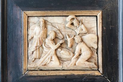 Malines "La Nativité", fin XVIe, haut-relief en albâtre sculpté et partiellement...