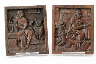 null "Deux évangélistes", travail ancien, paire de bas-reliefs en bois sculpté et...