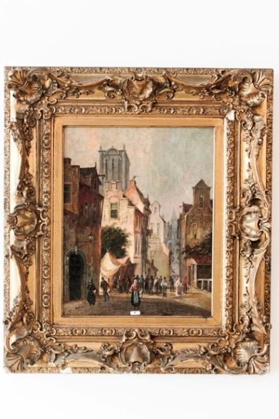 EVERSEN Adrianus (1818-1897) "Ruelle flamande animée", XIXe, huile sur toile, signée...