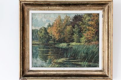 VAN DE SANDE René (1889-1946) "Paysage lacustre", XIXe, huile sur toile, signée en...