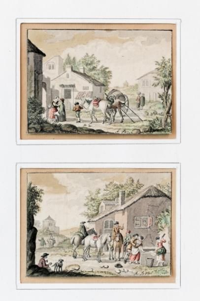 AARTMAN Nicolaes Matthijsz. (1713-1793) "Scènes villageoises", XVIIIe, paire de plumes,...