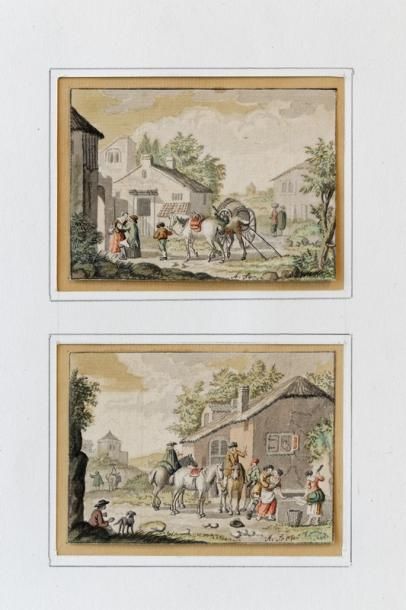 AARTMAN Nicolaes Matthijsz. (1713-1793) "Scènes villageoises", XVIIIe, paire de plumes,...